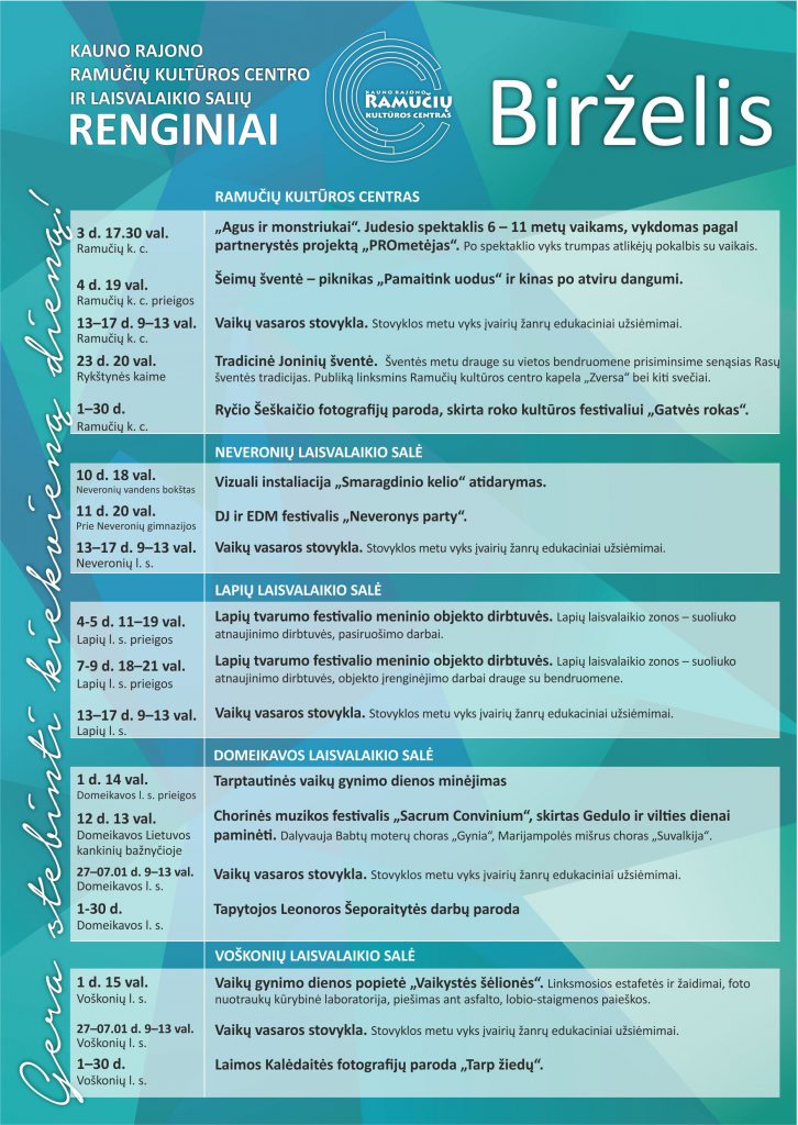 BIRŽELIO mėnesio visų laisvalaikio salių RENGINIŲ KALENDORIUS