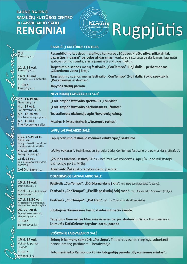 RUGPJŪČIO mėnesio RENGINIAI visuose laisvalaikio salėse